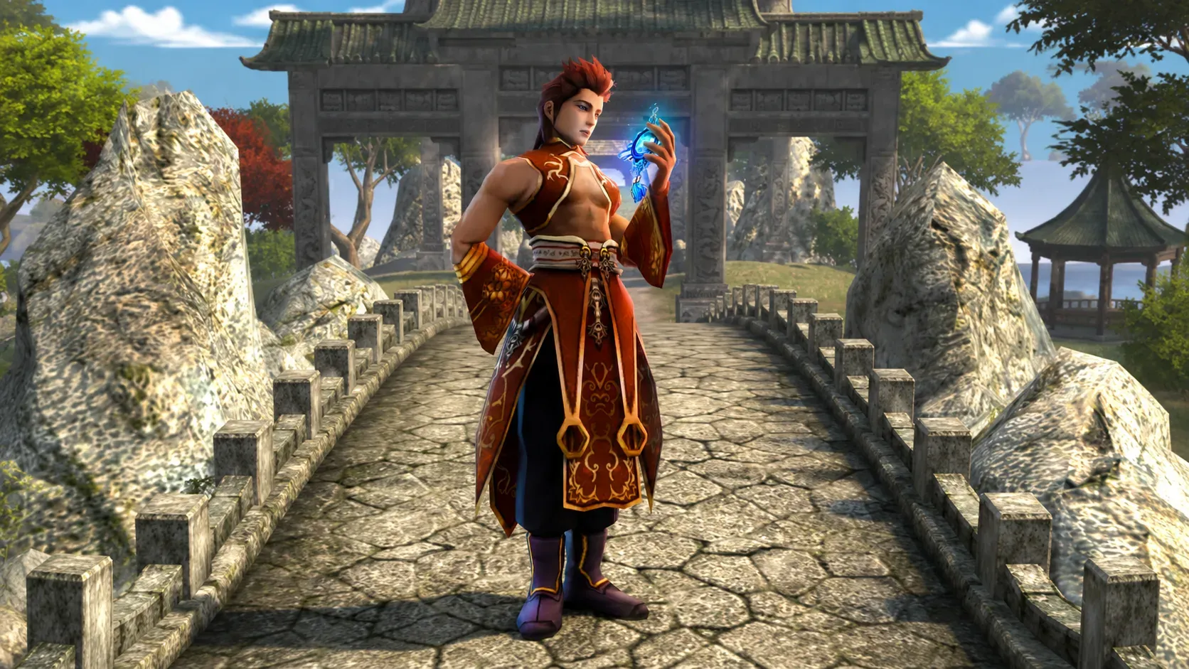 A red-haired warrior standing on a stone bridge, holding a talisman glowing blue